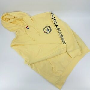 Nautica Blue Sail Yellow Crew Pullover Hoodie with Logo Sleeve.